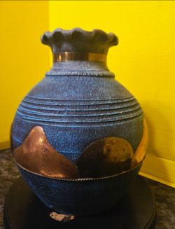 Vintage 1970's Raku Pottery Vase Featuring Texture Blue Finish & Copper Accent 8"