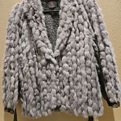 Women's Charcoal Gray Rabbit Fur Coat with Belt & Pockets Size S / 10