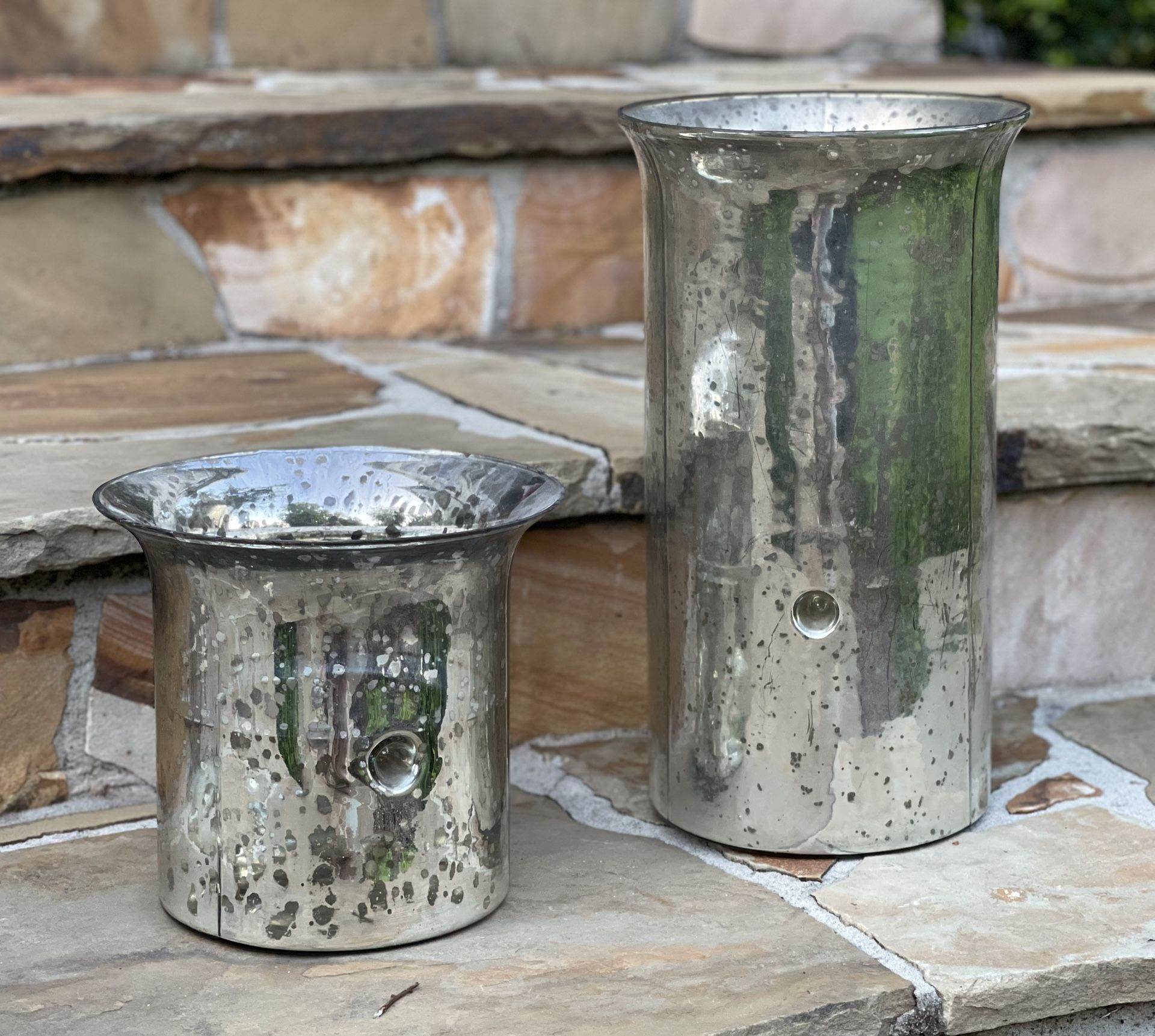 Set of 2 Large Mercury Glass Pillar Candle Holders