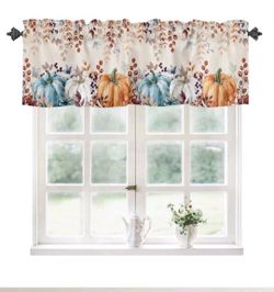 Fall Pumpkin Window Valance Autumn Harvest Watercolor Orange Teal 60x18