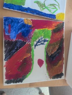 A painting of a oak tree and a sunset background