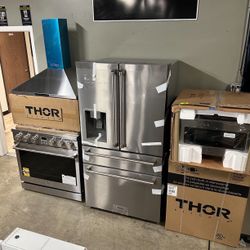 THOR Kitchen Package - 30" Gas Range, Microwave, Refrigerator with Water and Ice Dispenser, Dishwasher,