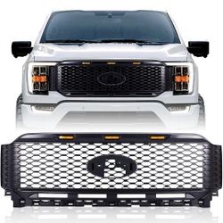 Mesh Grille Matte Black Front Grill 53" Replacement Compatible for Ford F 150 2021-2022 with 3 Amber LED Lights

