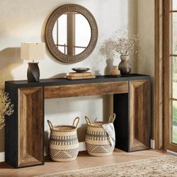 63" Console Table, Farmhouse Entryway Table Sofa Table With Dual-Tone Design