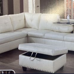 White Leather Sectional Couch With Drop Down Table 