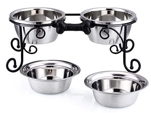 BestVida® Dog Bowl Stand, Elevated Dog Bowls, Raised Pet Feeding Station, Double Bowl Stand, 7-inch Pet Feeder Includes Four Premium Stainless Steel B