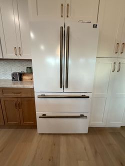 Like New FORNO 36” Matte White Counter-Depth French Door Refrigerator | Brass + Stainless Handles