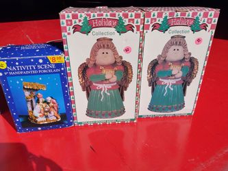 Two Ceramic Angels And One Small Ceramic Nativity