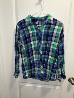 Large Blue & Green Button-Up Plaid Flannel Shirt