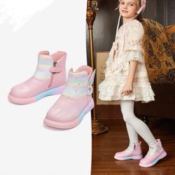 New girl fleece boots rainbow winter boots rubber bottom size 9 side zipper shoes girl flats  Comes from pet free smoke free home  New never wear. Cal