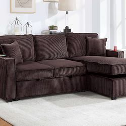 Brown Sofa Sectional w/ Pull- Out Sleeper & Storage In Chaise 