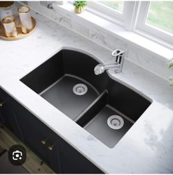 32 x 21 inch Granite Composite Undermount Double Bowl Kitchen Sink ~black