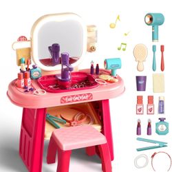 Pretend Play Girls Makeup Table Set with Stool,Kids Vanity Set with LED Lighted Mirror and Music