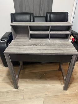 Gray Wood Writing Desk with Hutch Shelves