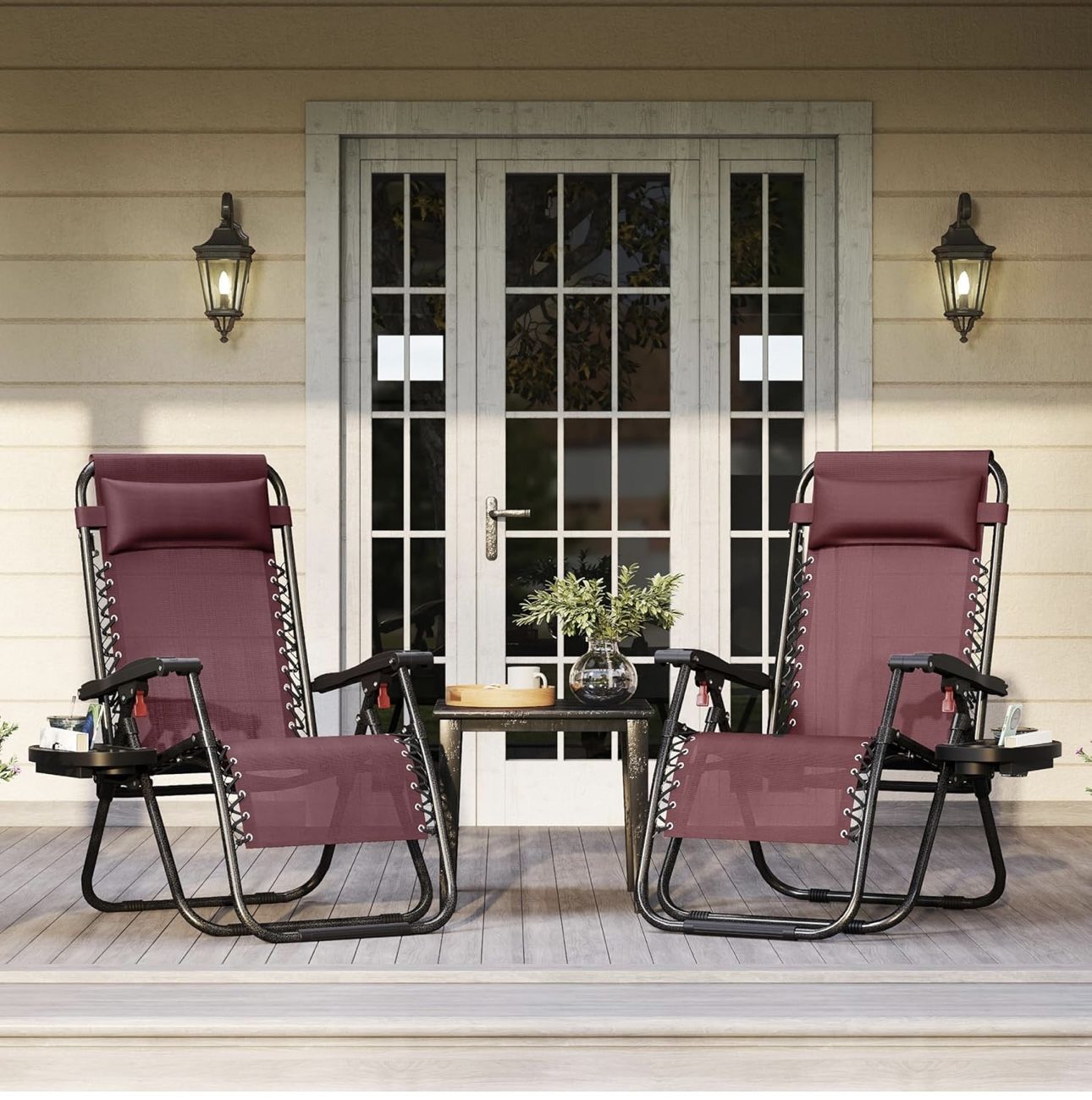 Zero Gravity Recliners Outdoor Adjustable Folding Reclining Lounge Chairs w/Pillows, Cup Holder Trays and Carry Strap for Patio Backyard Beach Burgund