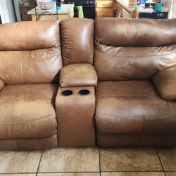 Dual Reclining Leather Loveseat Sofa with Center Console & Cup Holders – Brown