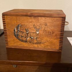 Vintage Wood Book Box Hinged Lid Dovetail Featuring Deer Giant Buck Artwork