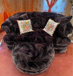 Dark Velvet Curved Sofa with Ottoman