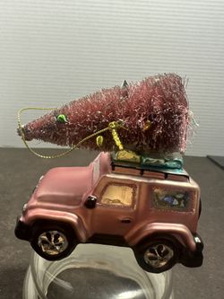 Pink SUV Glass Christmas Ornament Bottle Brush Tree Roof Holiday Decor