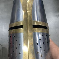 Brass and Steel Crusader Helmet | Medieval Metal Knight Helmets | Full-Size Knight Armor Replica with Cross Detail