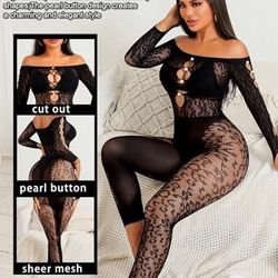  Off Shoulder Fishnet Bodysuit Long Sleeve Cut Out Pearl Clubwear