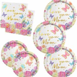 Mother's Day Party Supplies, Serve 50 Includes: Dinner & Dessert Plates, Napkins