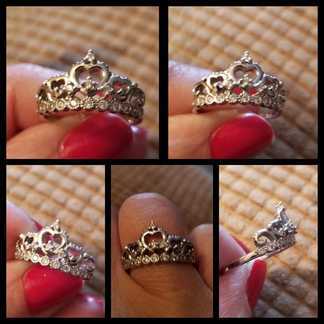 Size 6 925 Sterling Silver Cubic Zirconia Princess Heart Crown Tiara CZ Band Ring