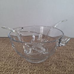 CAMBRIDGE "PRISTINE" DIVIDED GLASS MAYONNAISE DISH WITH TWO SERVING SPOONS
