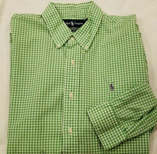 Ralph Lauren Custom Fit Green & White Gingham Checkered Shirt Size: L 