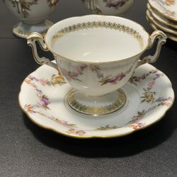 T&V Limoges Antique 5 Gilded Fruit Wreath Cups Saucers Bouillon Chocolate Tea