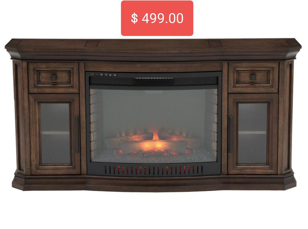 Georgian Hills 65in Bow Front TV Stand Infrared Electric Fireplace in Oak