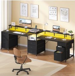 Black 2 Person Desk with 9 Fabric Drawers and Charging Station