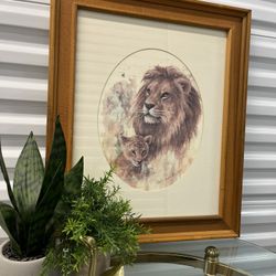 🤩 Vintage Wall Art, Lion And Cub, Awesome Mid-Century Frame Color, Animals 