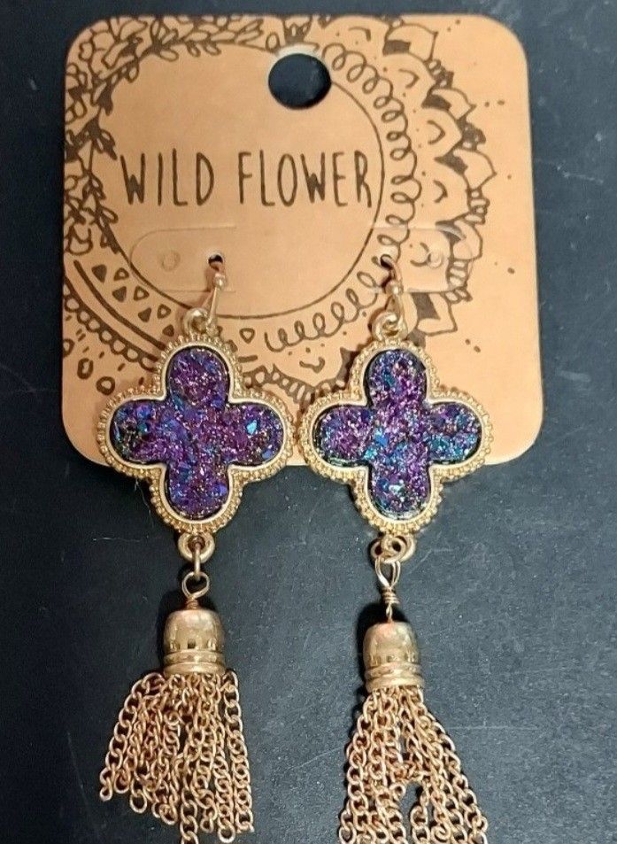 Purple Iridescent Glitter Gold Tone Metal Cross Chain Tassel Earrings Art Boho