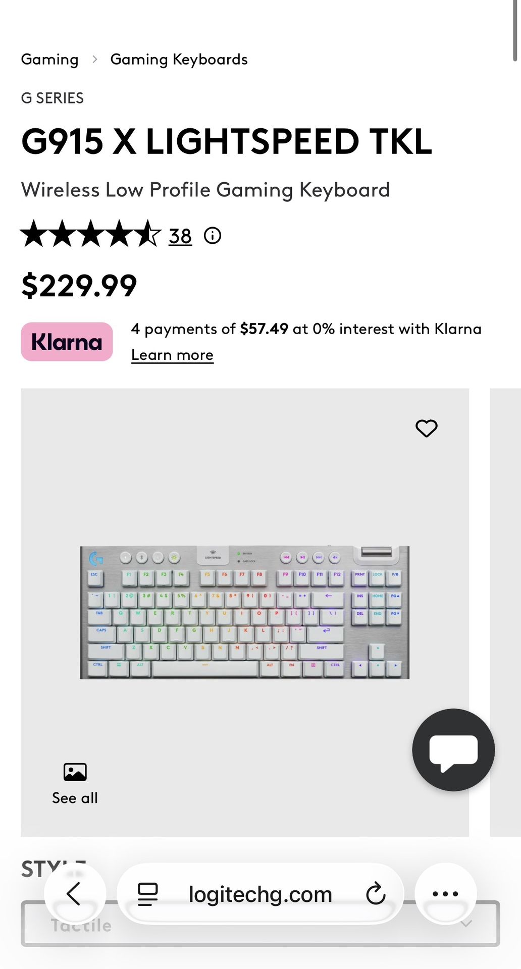 Logitech - G915 LIGHTSPEED TKL Wireless Mechanical GL Tactile Switch Gaming Keyboard with RGB Backlighting - White