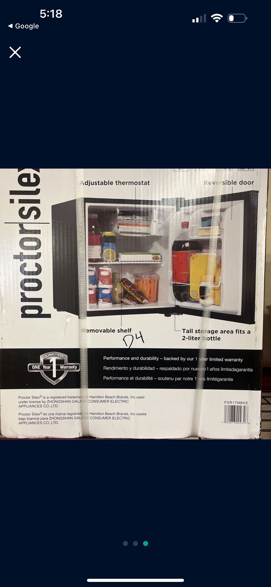 Proctor Silex 1.7 Cu Ft Compact Refrigerator Single Door Mini Fridge for Dorm Office Bedroom Black