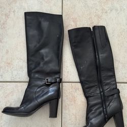 Sesto Meucci Black Leather Tall Boots knee high block heel biker boot buckle