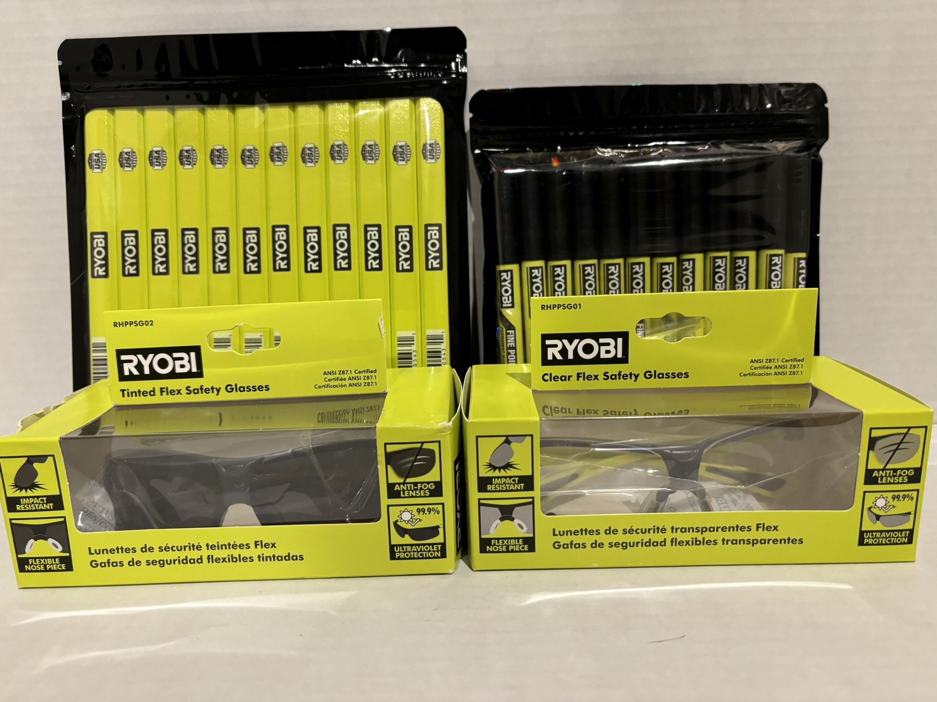 🆕 RYOBI BUNDLE, 1 Tinted & 1 Clear Pair Of Saftey Glasses, 12 Pencils & 12 Markers
