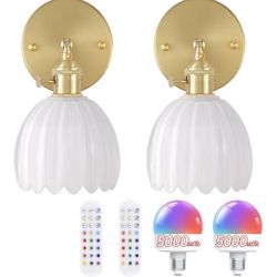 Vintage Battery Operated Wall Sconce with White Tulip Glass Lampshade 