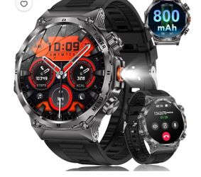 Men's Military Smartwatch, 1.7" AMOLED, Flashlight, 800mAh Battery, IP68, Suitable for Android and Iphone, Black