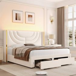 Full Size LED Bed Frame with 2 Drawer Storage, Wingback Platform Bed with Velvet