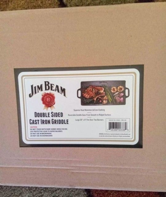 Jim Beam Double Sided Cast Iron Griddle- NEW, Reversible Griddle goes from Smooth to Ridged Surface,, 20" x 9", Superior Heat Retention & Even Cooking