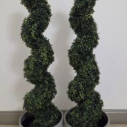 *** NEW LOW PRICE *** PAIR of 4ft Faux Boxwood Spirals in 12in (Diameter) Gray Textured Planters @ Lasting Creations