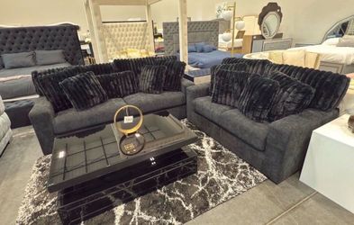 (NEW IN BOX)-Black Sofa & Loveseat With Pillows Finance Available $54 down pmt only!!