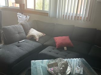 Gray Fabric Sectional Sofa with Nailhead Trim