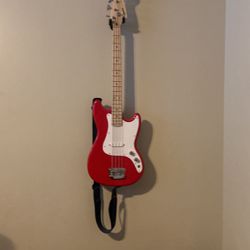 Fender Electric Bass Red & White w/ Blue Guitar Strap