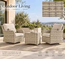 3-Piece Outdoor Patio Rattan Set – 2 Swivel Chairs + Table