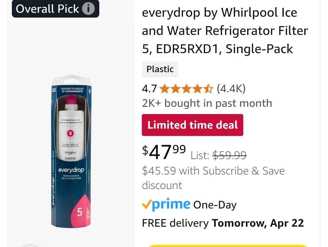 everydrop by Whirlpool Ice
and Water Refrigerator Filter
5, EDR5RXD1, Single-Pack
Plastic