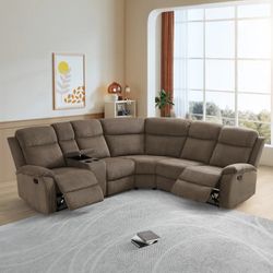 Manual Brown Sectional With Storage Cup Holder L Shaped Living Room Sofa Set