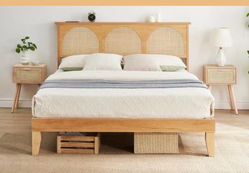 $100 OBO - Queen Bed Frame (Boho Rattan, Wood & Metal)
